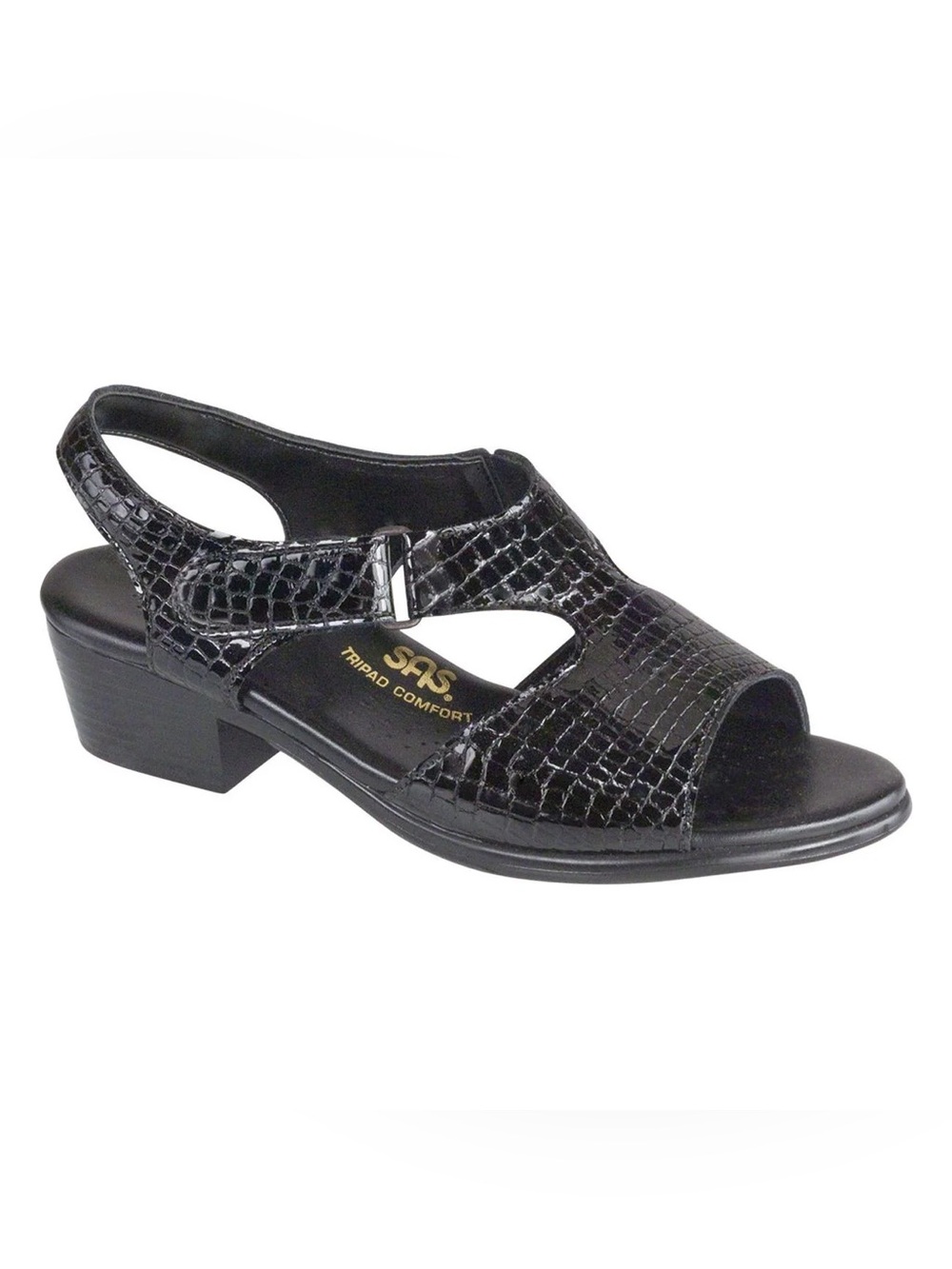 SAS Suntimer Heel Strap Sandal Black Leather Crocodile Size 7.5 double wide